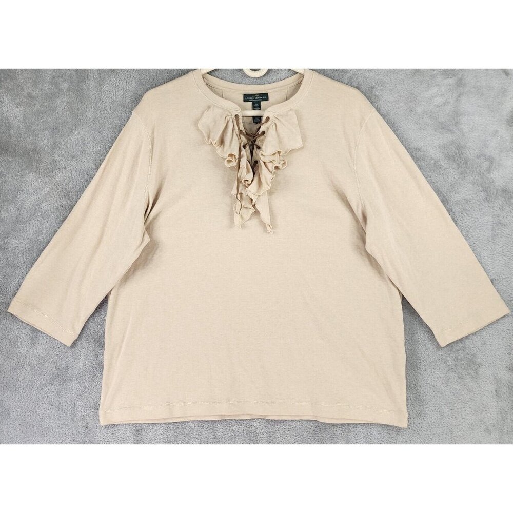 LRL Lauren Jeans Co Shirt Womens 3X Beige Ruffled Lace Up 3/4 Sleeve Knit Top